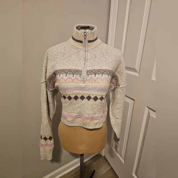 Sugar Moon Sweaters - Sugar Moon Cozy Quarter Zip Cream and Mutliolor Crop Women's Sweater Sz M